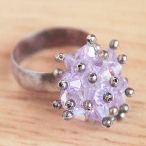 925 Sterling Silver Purple Iridescent Bead Cluster Fringe Bohemian Ring Size 5